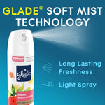 Glade aerosol can spraying soft mist with text highlighting 'Soft Mist Technology' and product benefits.