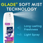 Glade Orchid Blossom aerosol spraying soft mist graphic with text highlighting soft mist technology and long lasting freshness.