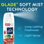 Glade soft mist aerosol can spraying a light mist with text highlighting soft mist technology and long lasting freshness