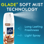 Glade soft mist aerosol spraying a light mist with text highlighting long lasting freshness