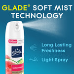 Glade watermelon soft mist can spraying a fine mist with text highlighting soft mist technology and long lasting freshness.