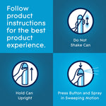 Instruction graphic showing hold can upright, do not shake, and spray in sweeping motion