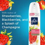 Glade Sweet Summertime can with large strawberry illustrations and text describing fragrance notes.