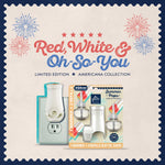 Promotional graphic with Glade Summer Pops starter kit and electrical warmer against Americana fireworks backdrop