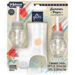 Front view of Glade Summer Pops PlugIns starter kit in blister packaging showing white warmer and two clear refill bottles