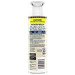 Rear view of Glade soft mist air freshener can showing caution text, usage icons and ingredient panel on cream label
