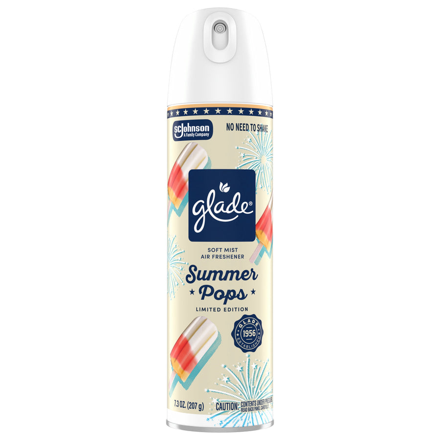 Tall Glade soft mist air freshener can with Summer Pops limited edition label and popsicle graphics on cream background