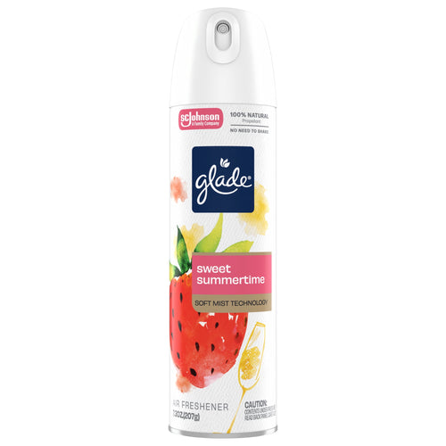 Front-on product shot of Glade Sweet Summertime aerosol can showing label, strawberry illustration and nozzle.