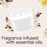 Illustrated three-wick Glade candle with lit wicks surrounded by vanilla flowers and pods and text about fragrance infusion.