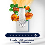 Glade plug-in device with amber stones and floral accents, instructing turn dial right for amber