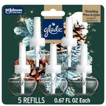 Glade Twinkling Pine & Cedar plug-in scented oil five-refill blister pack with pinecone artwork