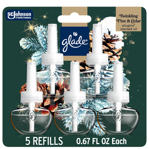 Glade Twinkling Pine & Cedar plug-in scented oil five-refill blister pack with pinecone artwork