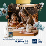 Lifestyle holiday scene of family baking with Glade automatic spray dispenser and Twinkling Pine & Cedar refill shown