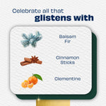 Graphic ingredient callouts listing balsam fir, cinnamon sticks and clementine for Twinkling Pine & Cedar scent