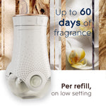 Glade PlugIns warmer image with background orchids and text stating “Up to 60 days of fragrance”