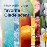 Graphic panel reading 'Use with your favorite Glade scent' with colorful fruit and water strips