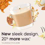Lit Glade Vanilla Caramel Twist single-wick jar candle with caramel and vanilla dessert graphics and text about new sleek design