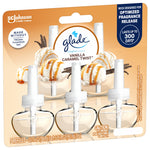 Glade plugIns Vanilla Caramel Twist five-refill blister pack showing three refills and scoops of caramel-drizzled ice cream
