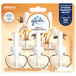 Glade plugIns Vanilla Caramel Twist refill pack front showing five clear oil refills and product callouts
