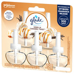 Glade plugIns vanilla caramel twist refill blister with three clear oil refills and ice cream caramel imagery