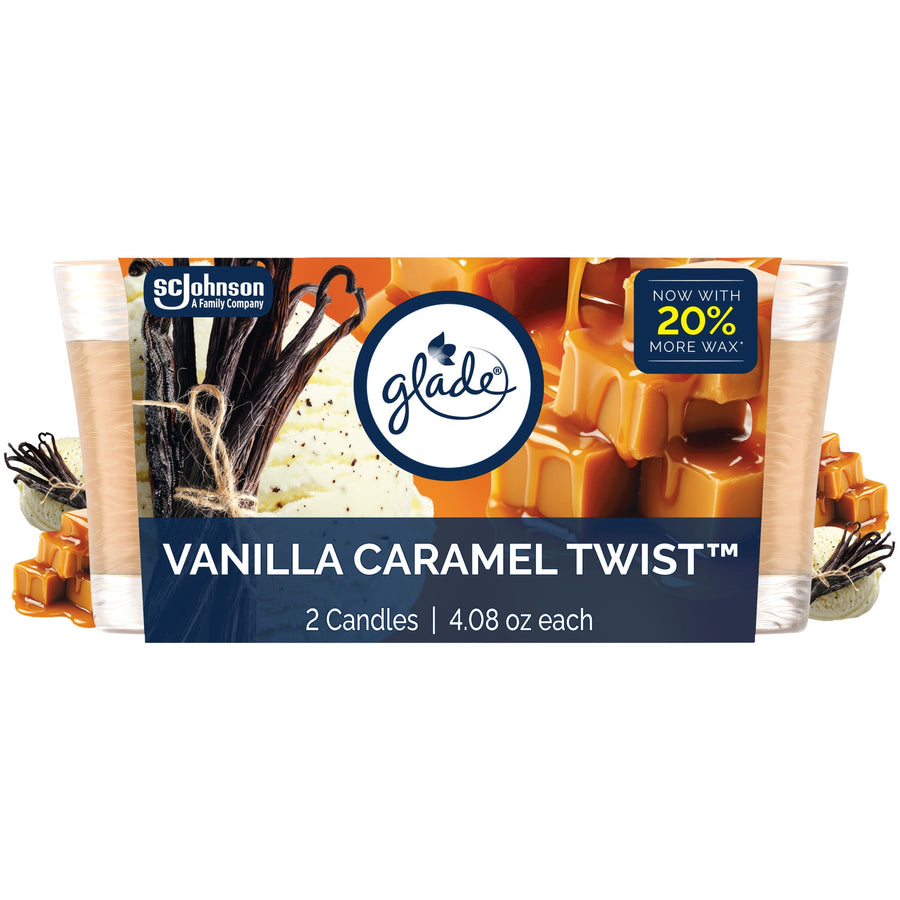 Glade Vanilla Caramel Twist twin-pack packaging with logo, caramel and vanilla imagery and product name banding