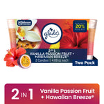 Two-pack Glade 2-in-1 Vanilla Passion Fruit + Hawaiian Breeze candle packaging with floral and fruit artwork