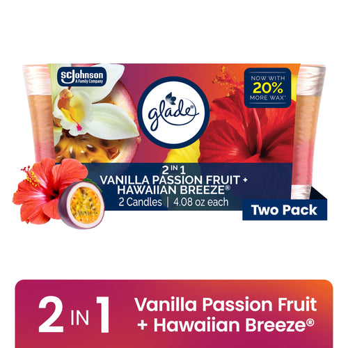 Two-pack Glade 2-in-1 Vanilla Passion Fruit + Hawaiian Breeze candle packaging with floral and fruit artwork