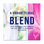 Floral graphic reading 'A VIBRANT FLORAL BLEND' with descriptive tagline over soft white and pink flower background