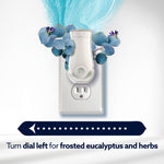 Plug-in air freshener in an outlet with eucalyptus floral accents and a dial graphic instructing to turn left for eucalyptus