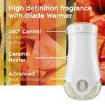 Glade PlugIns warmer shown on right with callouts for features over a vibrant sliced fruit and floral background