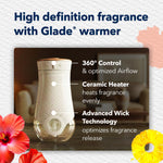 Image of a Glade plug-in warmer with callouts highlighting 360° control, ceramic heater and advanced wick technology