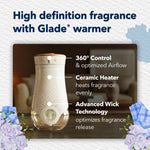 Glade warmer product shot with labeled callouts for 360° control, ceramic heater, and advanced wick technology