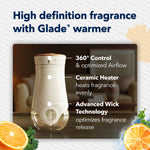 Product feature graphic of a Glade warmer showing 360° control, ceramic heater and advanced wick technology
