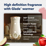 Glade warmer shown on a table with callouts for 360° control, ceramic heater, and advanced wick technology