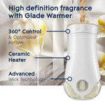 Glade PlugIns warmer shown with callouts highlighting “360° Control”, “Ceramic Heater”, and “Advanced Wick Technology”