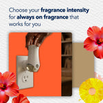 Hand removing a Glade plug-in warmer from an outlet with copy about choosing fragrance intensity, surrounded by tropical floral accents