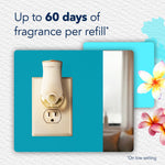 Glade plug-in warmer inserted in an outlet on turquoise background with text 'Up to 60 days of fragrance per refill' and floral accents.