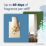 Plug-in warmer inserted in wall outlet on blue background with text claiming up to 60 days of fragrance per refill