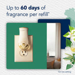 Plug-in air freshener warmer inserted in an outlet with text claiming up to 60 days of fragrance per refill and jasmine floral accents.