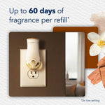 Glade warmer plugged into an outlet with text stating up to 60 days of fragrance per refill and decorative floral accents.