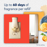 Glade wall warmer plugged into an outlet with text claiming up to 60 days of fragrance per refill and citrus graphics
