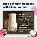 Image of a Glade warmer with callouts for 360° control, ceramic heater, and advanced wick technology