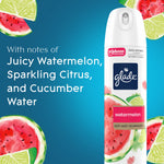 Glade watermelon soft mist aerosol can against blue background with watermelon illustrations and scent notes text.