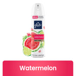 Tall Glade watermelon soft mist aerosol can with watercolor watermelon and lime illustration on white background.