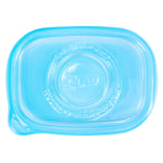 Close-up of a translucent blue Gladware interlocking lid embossed with brand name and circular seal detail