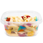 Clear medium rectangular Gladware container showing geometric design and pasta inside, lid removed