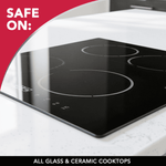 Angled view of a black glass cooktop on a white countertop with 'Safe on:' header and compatibility text