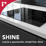 Shiny glass cooktop close-up with reflections and 'SHINE' headline indicating streak-free finish