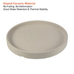 Gray glazed ceramic round planter saucer shown with overlaid text reading “Glazed Ceramic Material” and feature bullets.