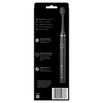 Back of Gleem toothbrush retail packaging showing a black toothbrush image and feature text on a black panel.